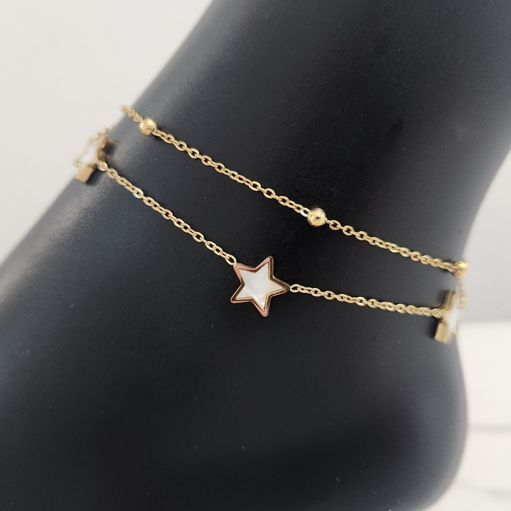 Gold Plated Double Layer Star Anklet Stainless Steel Dainty Bead Chain - Picture 4 of 12